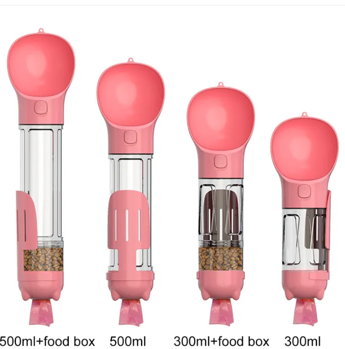 HydraPaw 3-in-1 dog water bottle in pink — water, food compartment and waste-bag holder, in 300ml and 500ml sizes