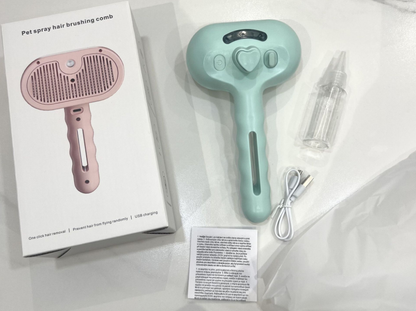 Steam grooming brush with spray bottle and USB charging cable in retail packaging