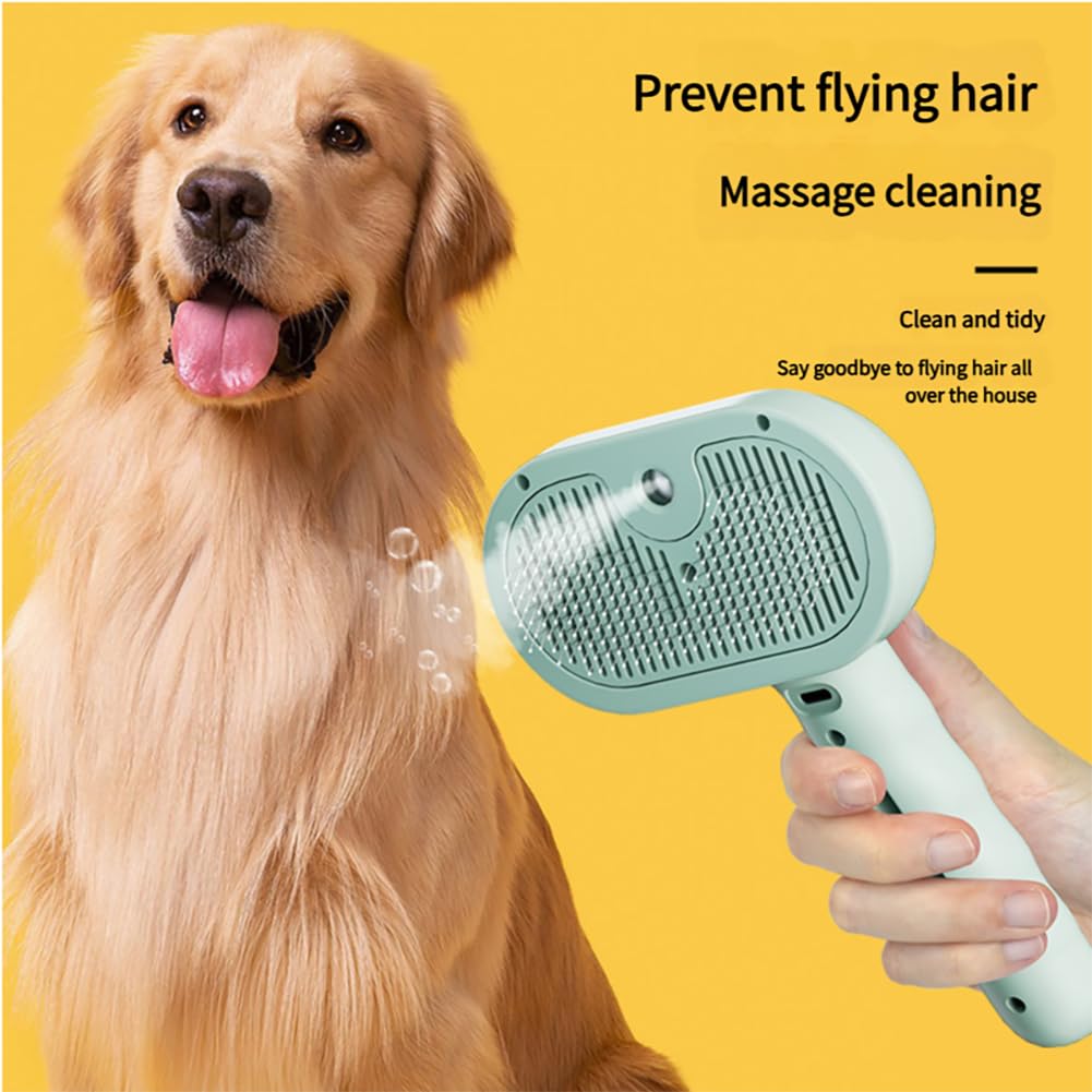 Green steam grooming brush grooming a golden retriever