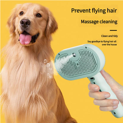 Green steam grooming brush grooming a golden retriever