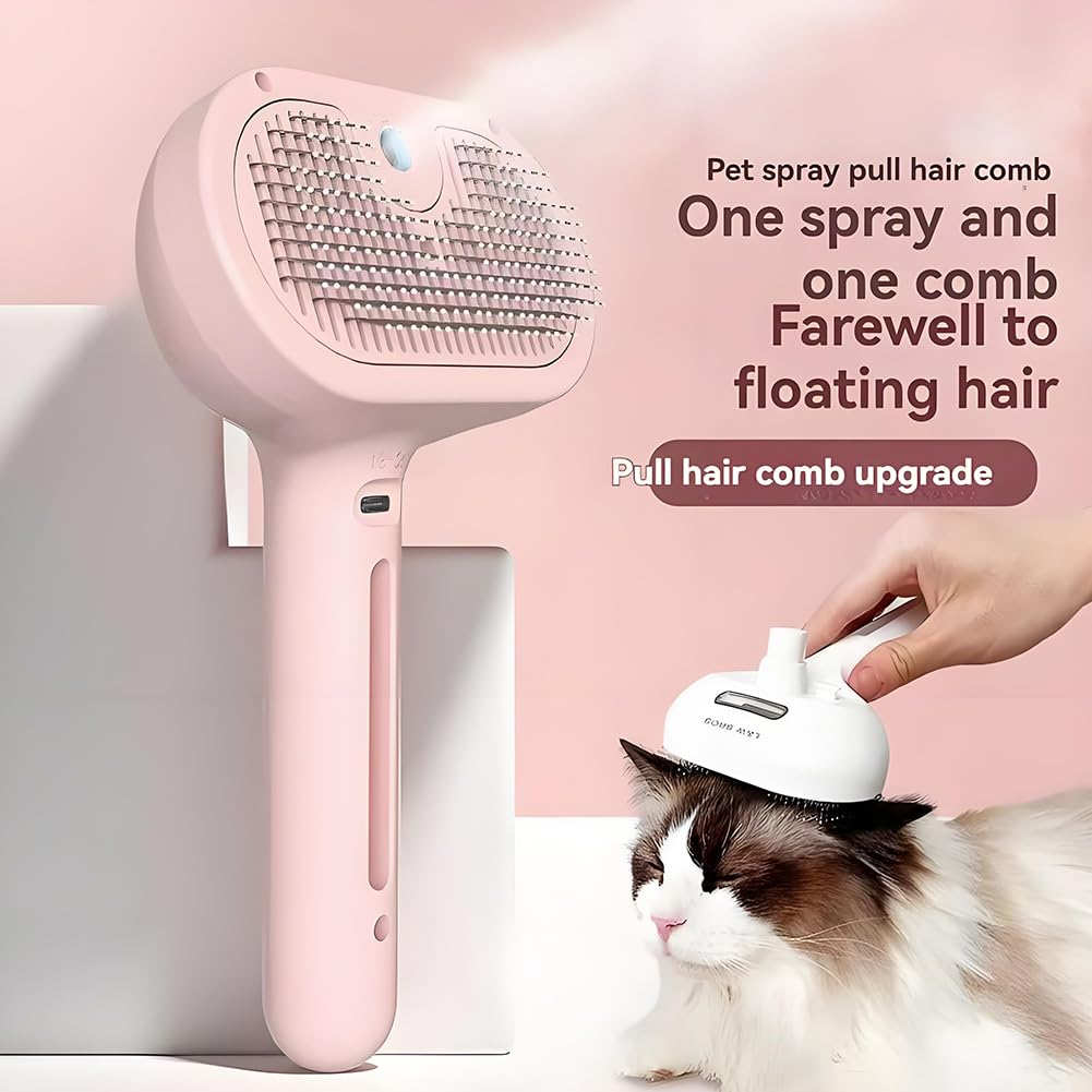 Pink steam grooming brush grooming a long-haired cat