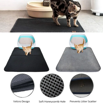 Litter mat features — velcro design, soft honeycomb holes, and litter-scatter prevention