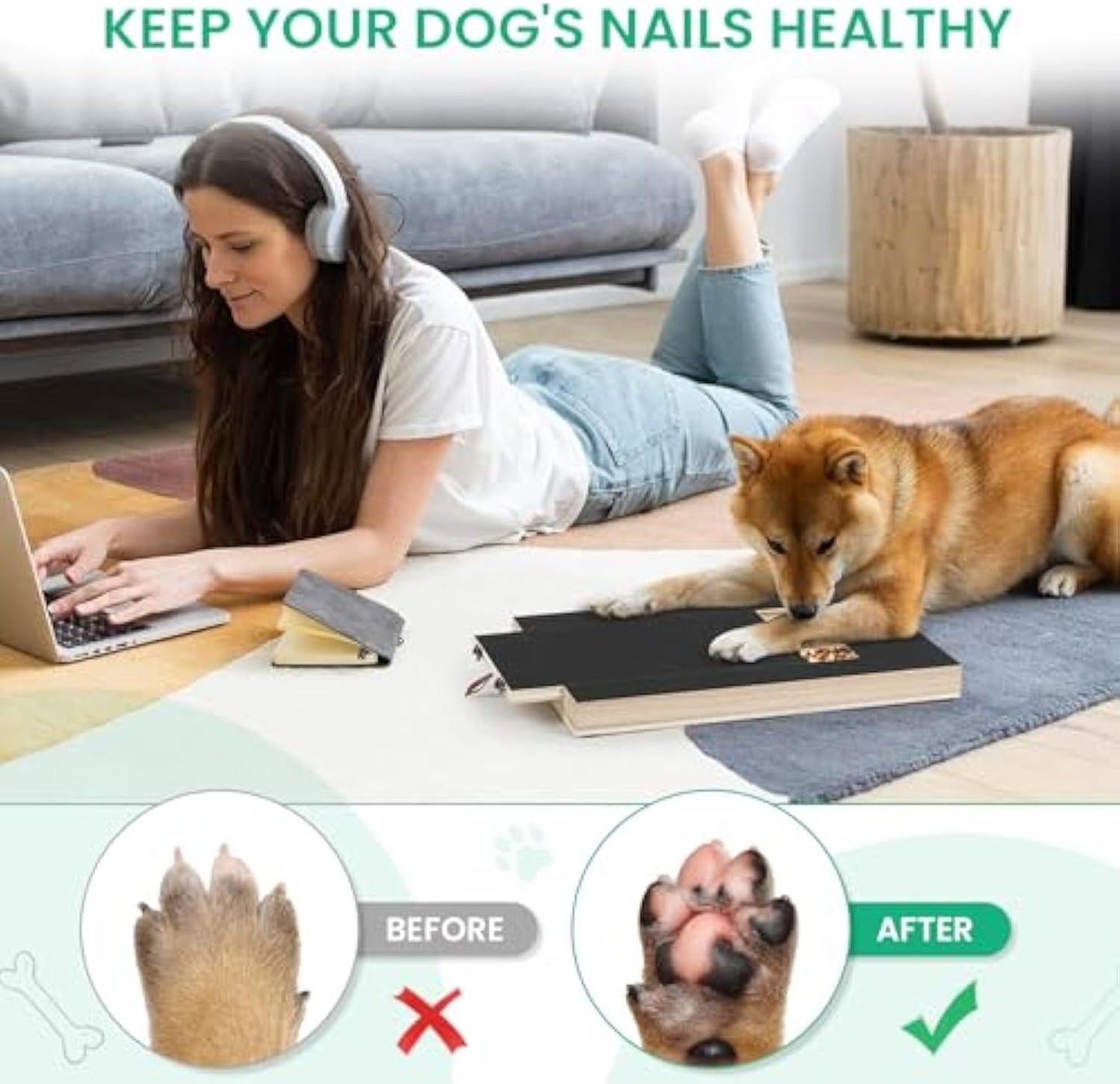 Before and after showing smoother, healthier dog nails from the scratch board