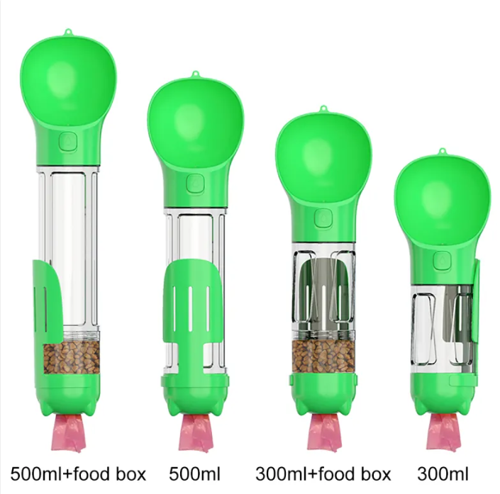 HydraPaw 3-in-1 dog water bottle in green — water, food compartment and waste-bag holder, in 300ml and 500ml sizes
