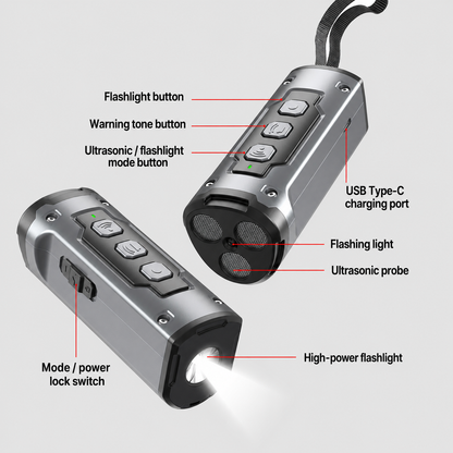 Ultrasonic dog repeller LED flashlight lighting a path on an evening walk