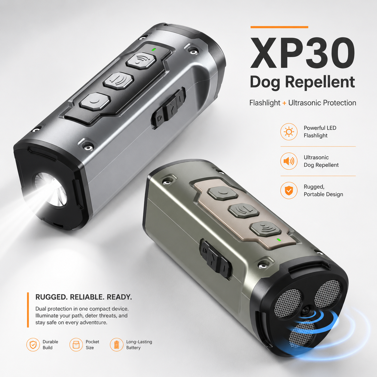 Using the ultrasonic dog repeller to deter an approaching dog on a walk