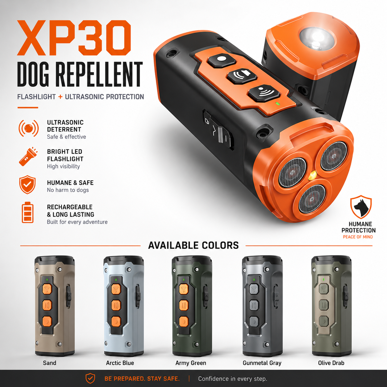 Ultrasonic dog repeller handheld device with built-in LED flashlight