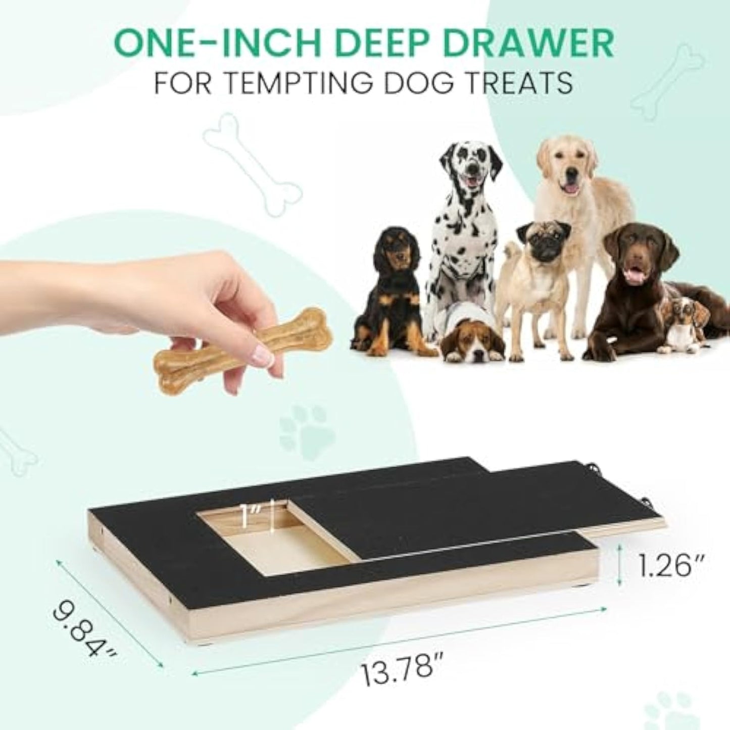 Dog nail scratch board with a one-inch deep drawer for tempting treats