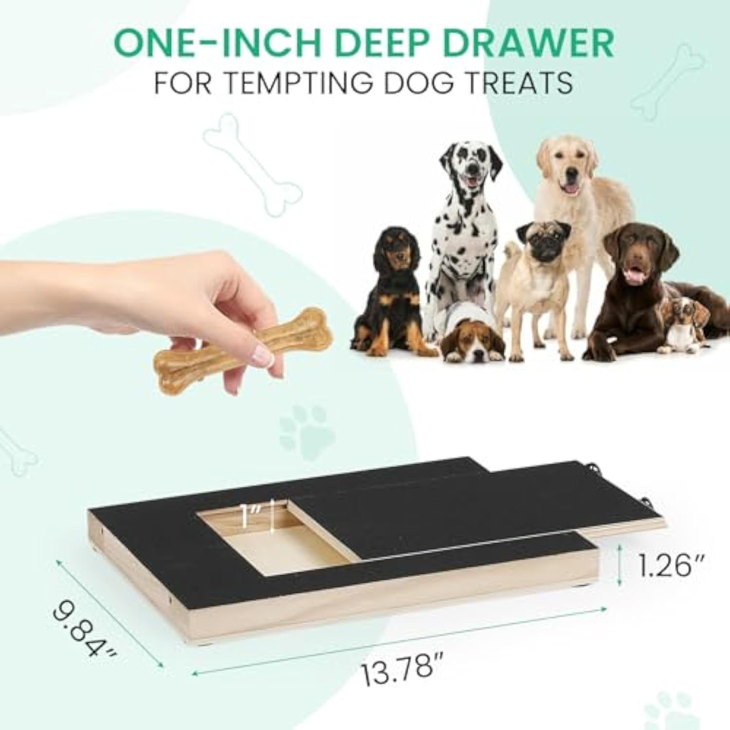 Dog nail scratch board with a one-inch deep drawer for tempting treats