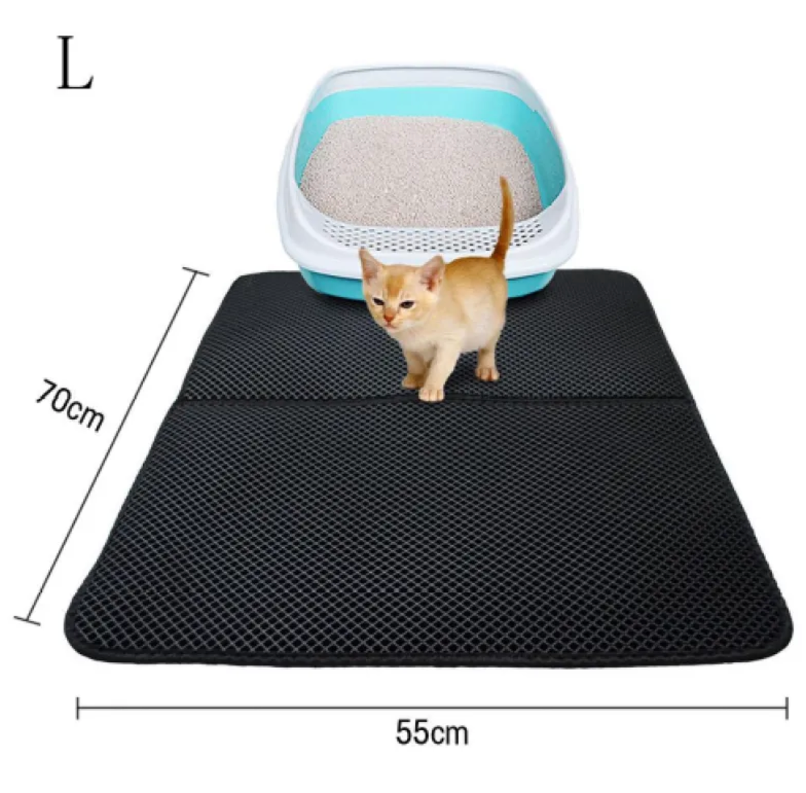 Large foldable 55x70cm litter trapping mat shown with a litter box
