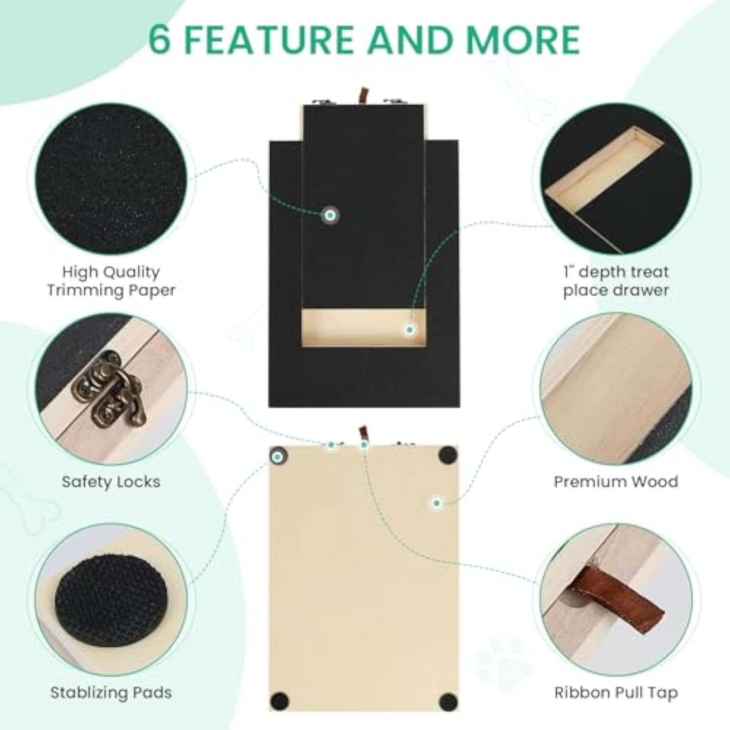 Feature breakdown of the dog nail scratch board — trimming paper, safety locks, wood base, treat drawer