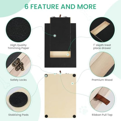 Feature breakdown of the dog nail scratch board — trimming paper, safety locks, wood base, treat drawer