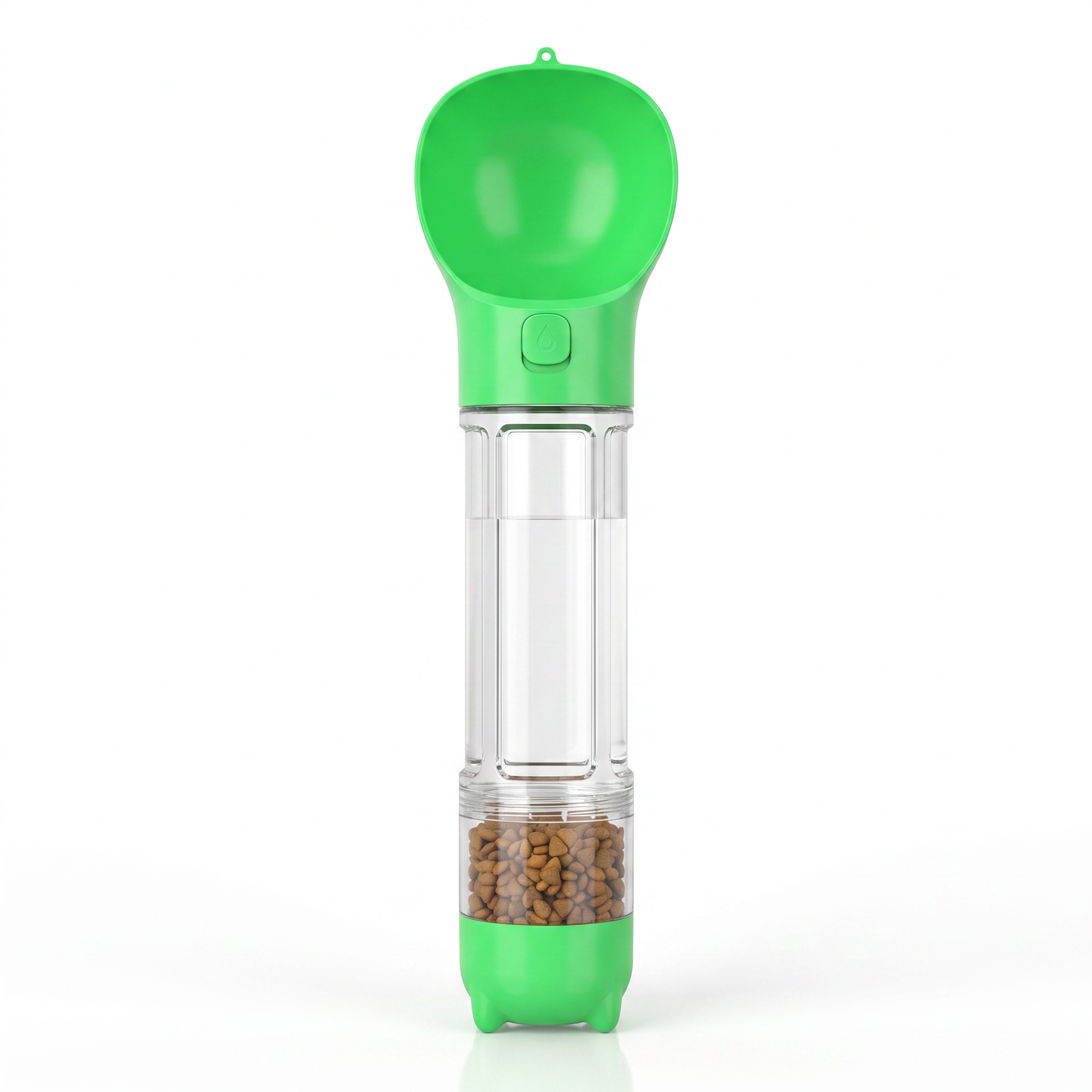 HydraPaw 3-in-1 dog water bottle in green — flip-up drinking bowl, clear water chamber and food compartment with kibble