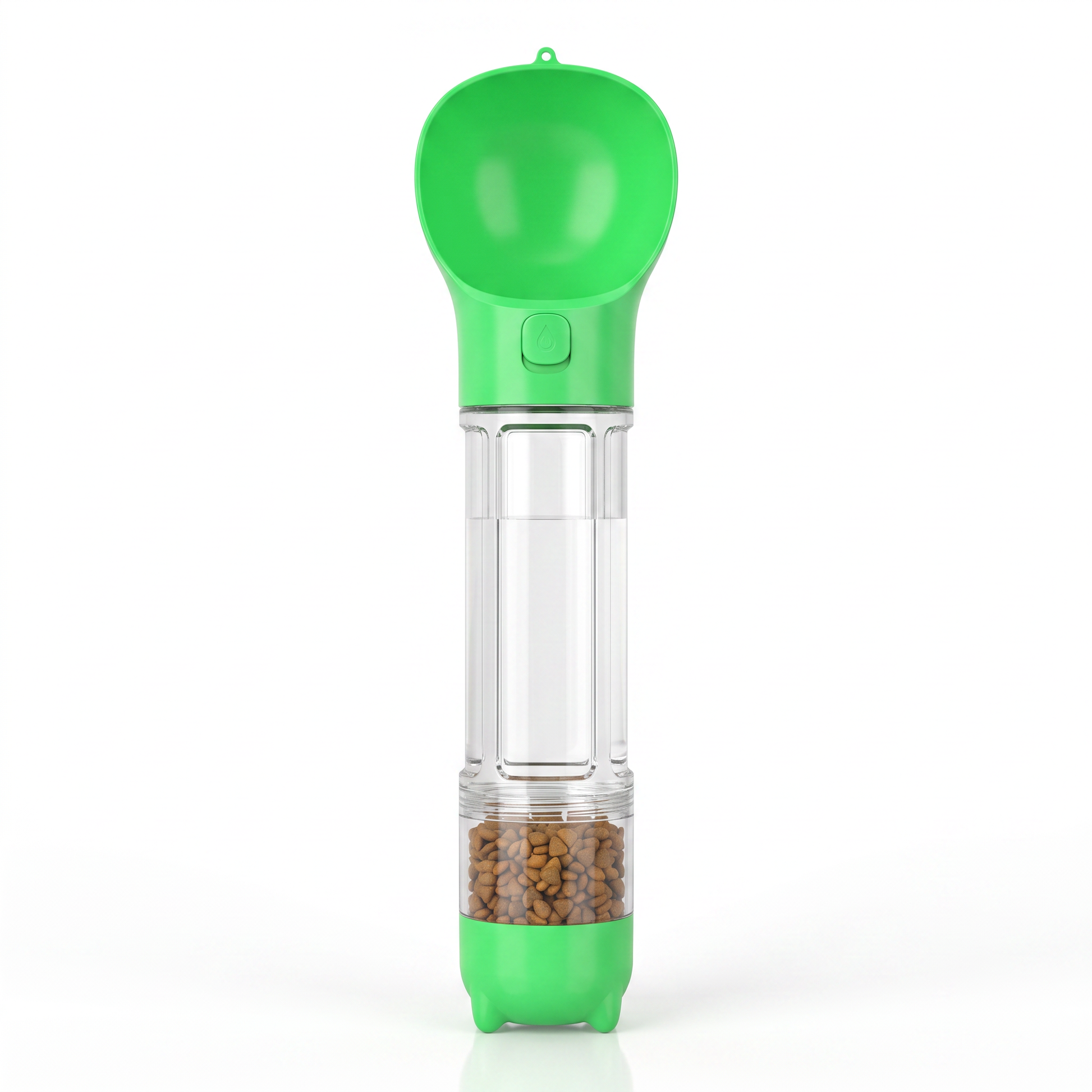 HydraPaw 3-in-1 dog water bottle in green — flip-up drinking bowl, clear water chamber and food compartment with kibble