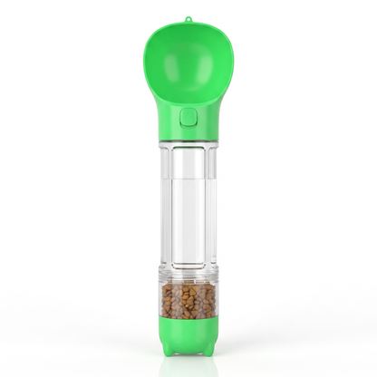 HydraPaw 3-in-1 dog water bottle in green — flip-up drinking bowl, clear water chamber and food compartment with kibble