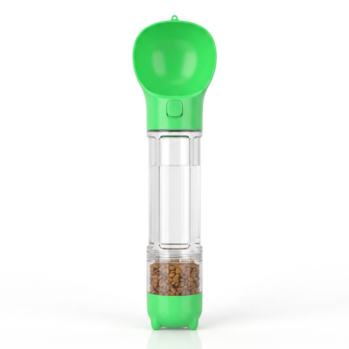 HydraPaw 3-in-1 dog water bottle in green — flip-up drinking bowl, clear water chamber and food compartment with kibble