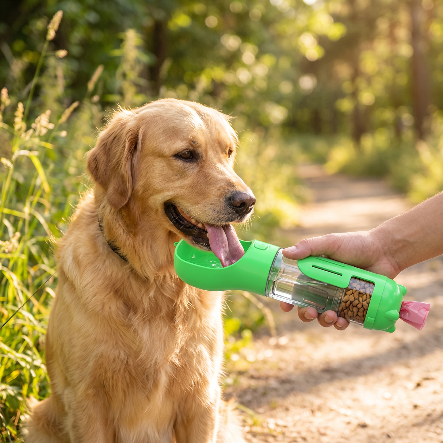 Golden retriever drinking from the green HydraPaw 3-in-1 dog water bottle on a sunny walk, showing the water bowl, kibble food compartment, and waste-bag holder