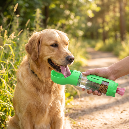 Golden retriever drinking from the green HydraPaw 3-in-1 dog water bottle on a sunny walk, showing the water bowl, kibble food compartment, and waste-bag holder