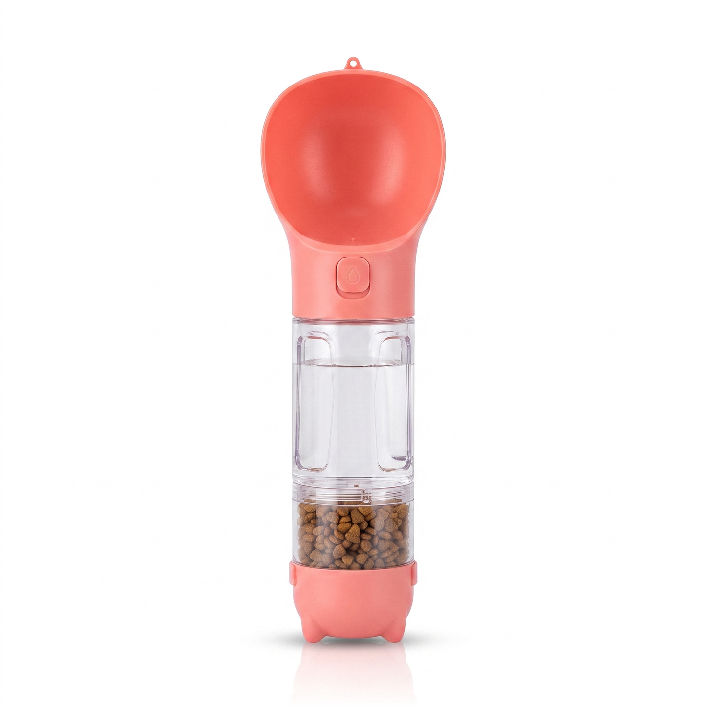 HydraPaw 3-in-1 dog water bottle in coral pink — flip-up drinking bowl, clear water chamber and food compartment with kibble