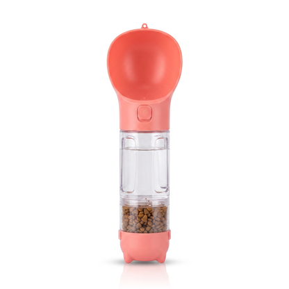 HydraPaw 3-in-1 dog water bottle in coral pink — flip-up drinking bowl, clear water chamber and food compartment with kibble
