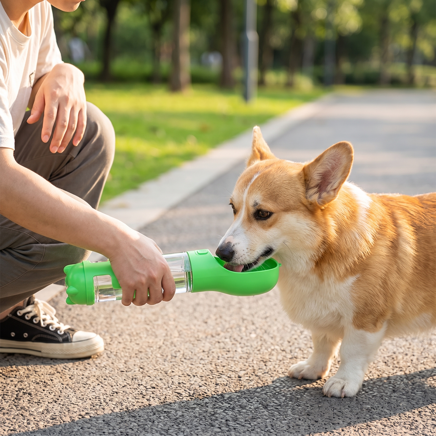 A corgi drinking water from the green HydraPaw portable dog water bottle held by its owner on a sunny park path