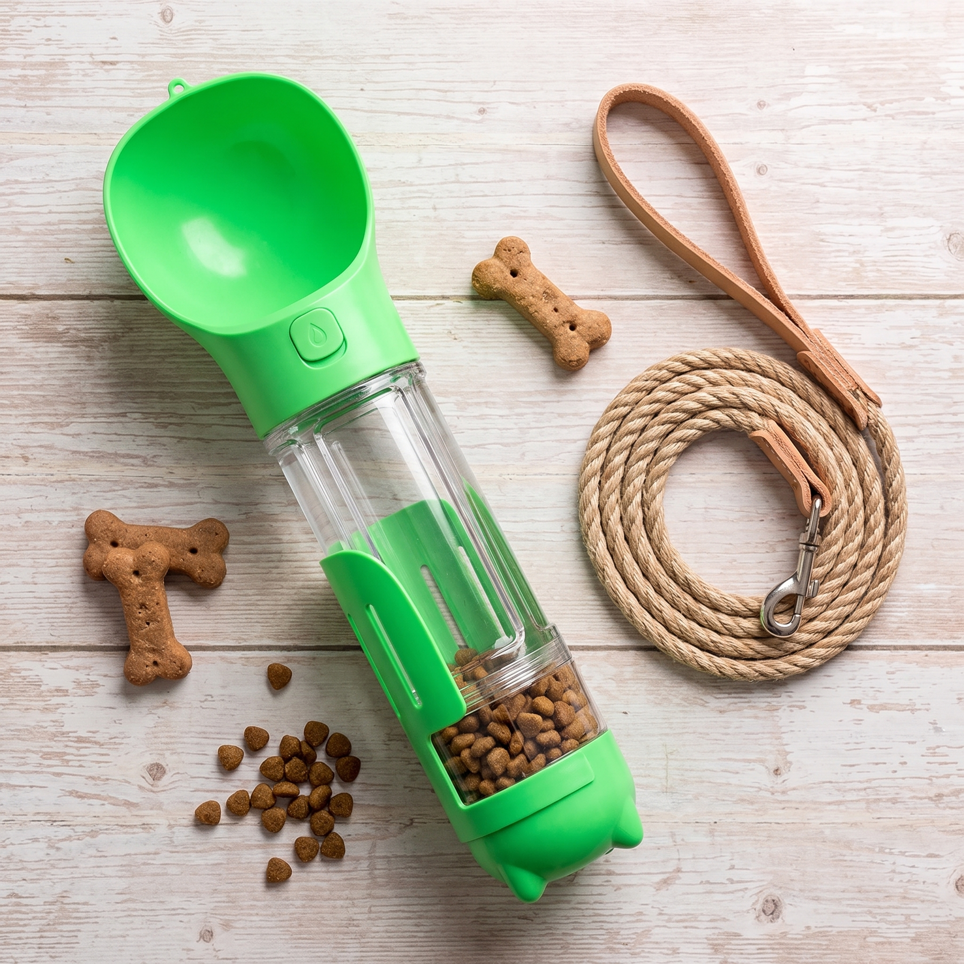 Green HydraPaw 3-in-1 dog water bottle flat-lay with a leash, dog treats and kibble — walk essentials on a wood surface