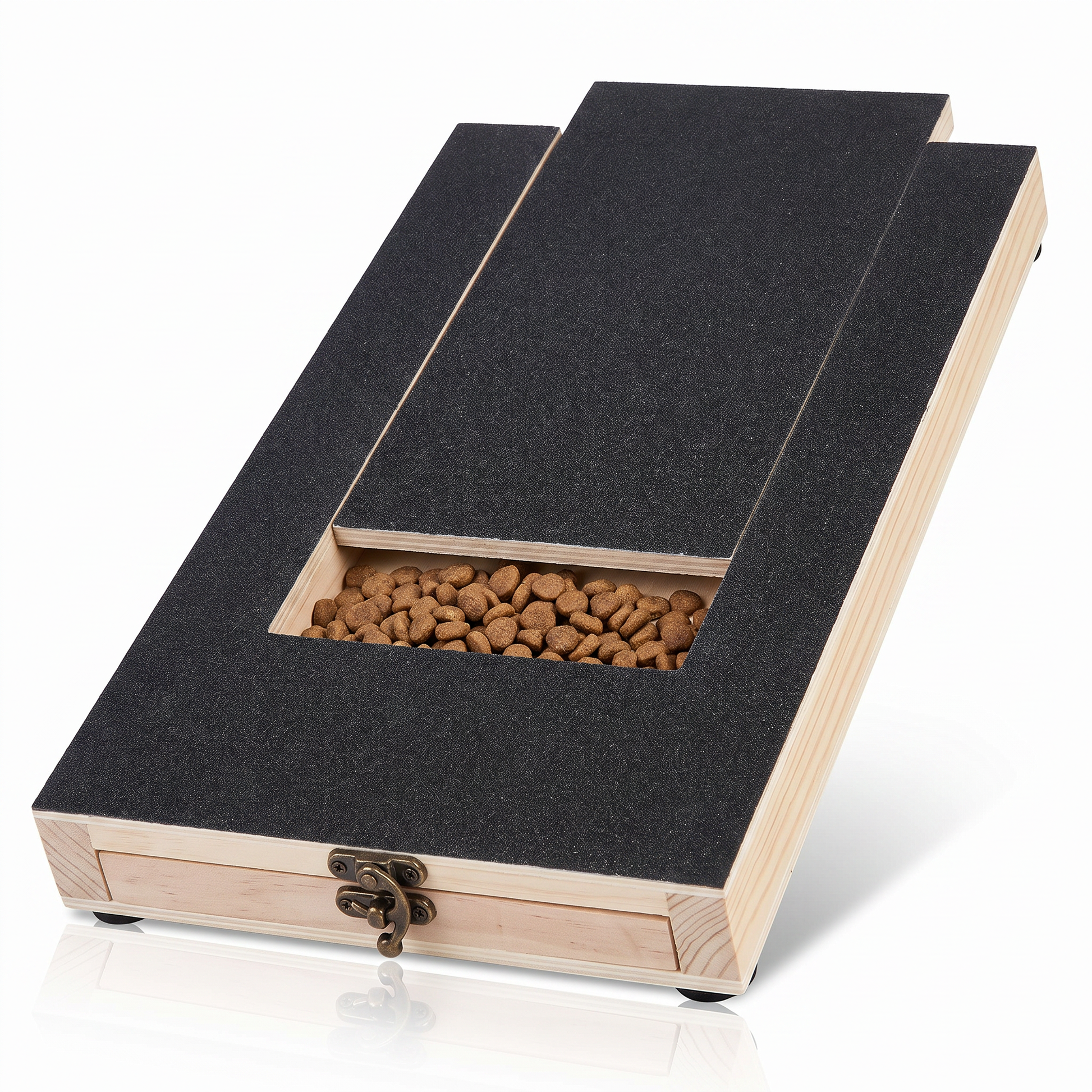 Dog nail file scratch board — black emery filing surface, natural wood base, and pull-out treat drawer filled with kibble