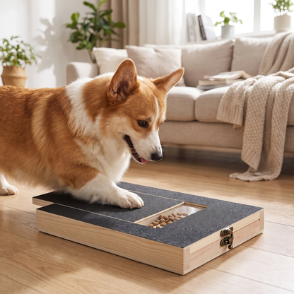 A corgi pawing a dog nail scratch board in a living room, reaching for kibble treats — fear-free at-home nail care