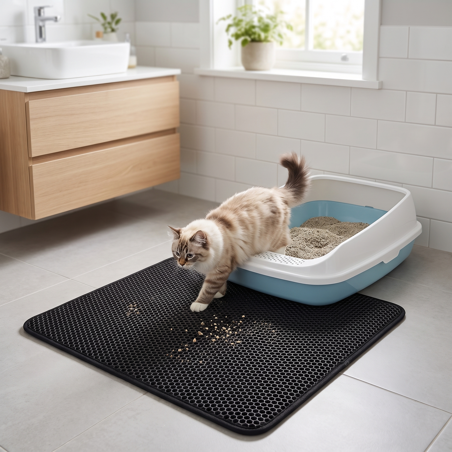 A fluffy cat stepping off a black honeycomb litter-trapping mat beside the litter box in a clean bright bathroom