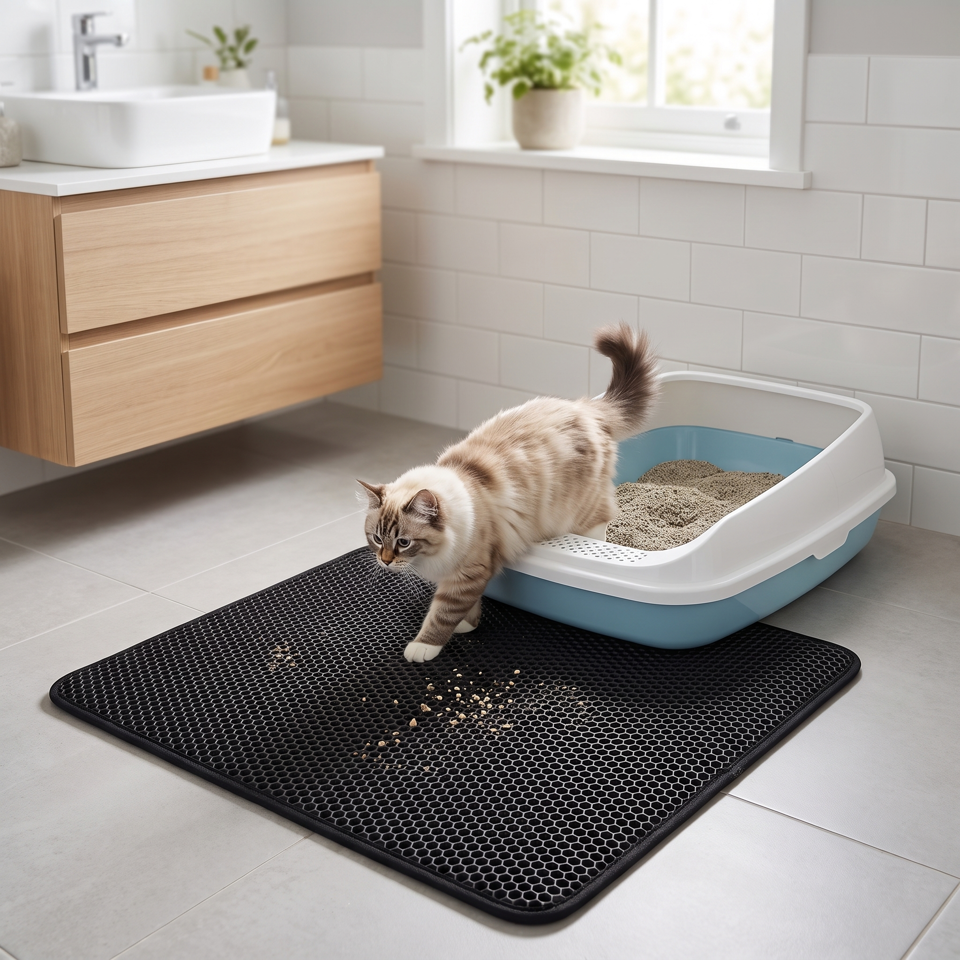 A fluffy cat stepping off a black honeycomb litter-trapping mat beside the litter box in a clean bright bathroom